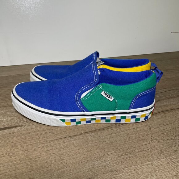 Kids 4.5Y Blue, Yellow & Green Checkered Slip On Vans - Picture 2 of 8